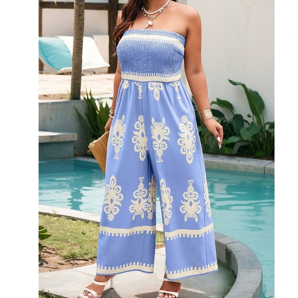 Boho Baby Blue Shirred Bodice Strapless Wide Leg Jumpsuit - Picture 7 of 9